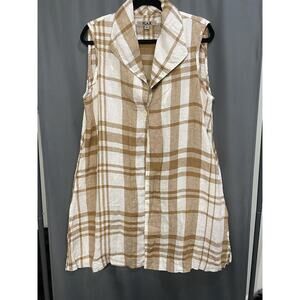 Flax Small Brown White Plaid 100% Linen Tunic Vest Pockets Lagenlook b82